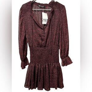 Zara Burgundy Sheer Print Long sleeve Tie Neck Mini Dress Sz small animal print